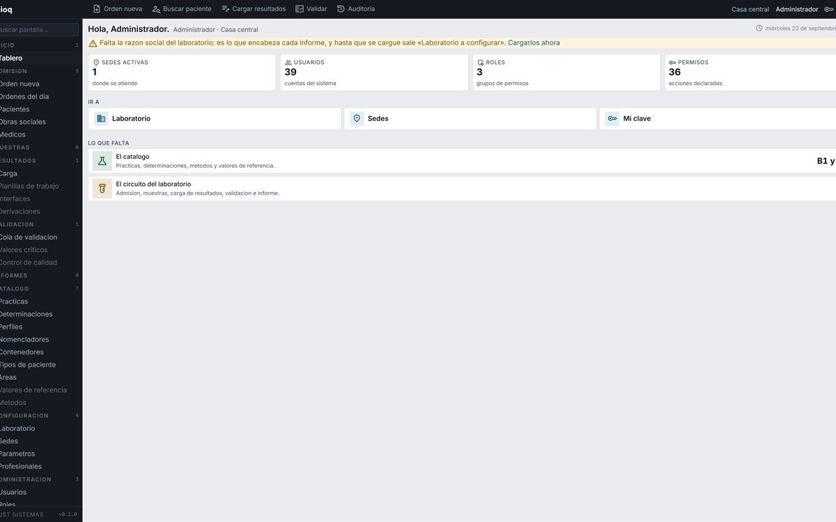 El tablero de bioq, con el menú de admisión, muestras, resultados, validación, informes y catálogo
