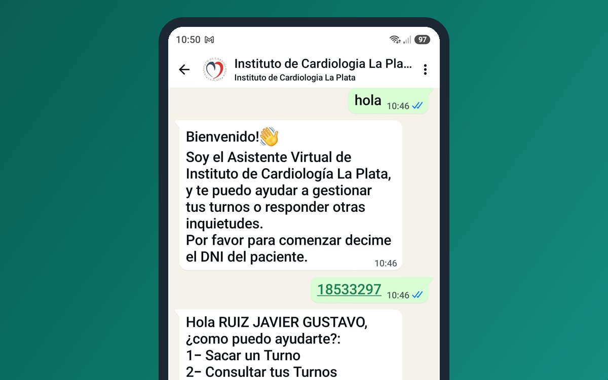 El asistente de WhatsApp saluda al paciente, le pide el DNI y le ofrece sacar, consultar o cancelar turnos